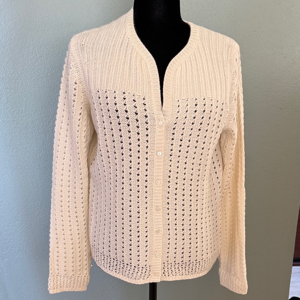 I Magnin 2-Ply Cashmere Elegant Cream Open Weave Cardigan